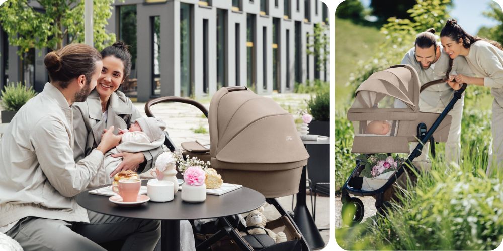 Britax Römer Smile 5Z – rodzice z dzieckiem w gondoli przy stoliku kawiarnianym