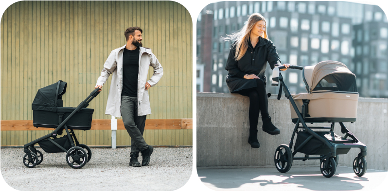 thule sleek 2 - wózek dziecięcy 2w1 - wersja głęboka - kolory czarny i beżowy - widok z boku i od przodu - zdjęcie typu lifestyle